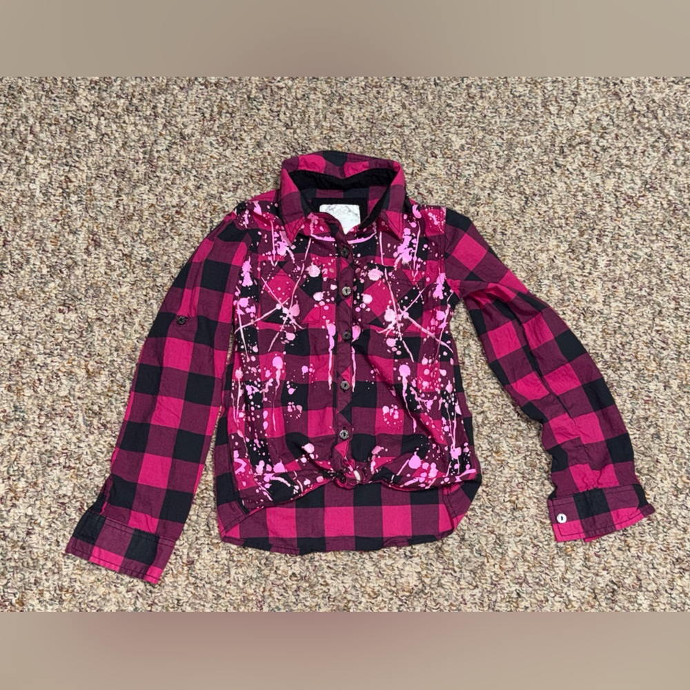 Girls size 7 Justice Pink and Black Checkered‎ Shirt, top, button down
